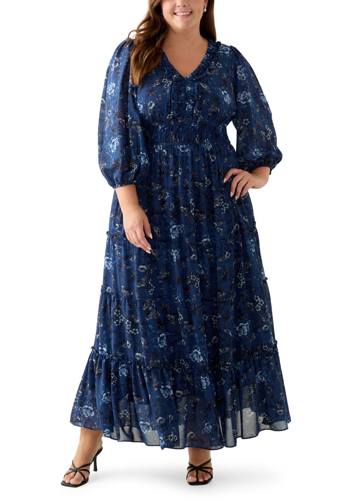 Plus Size Floral Print Chiffon Maxi Dress