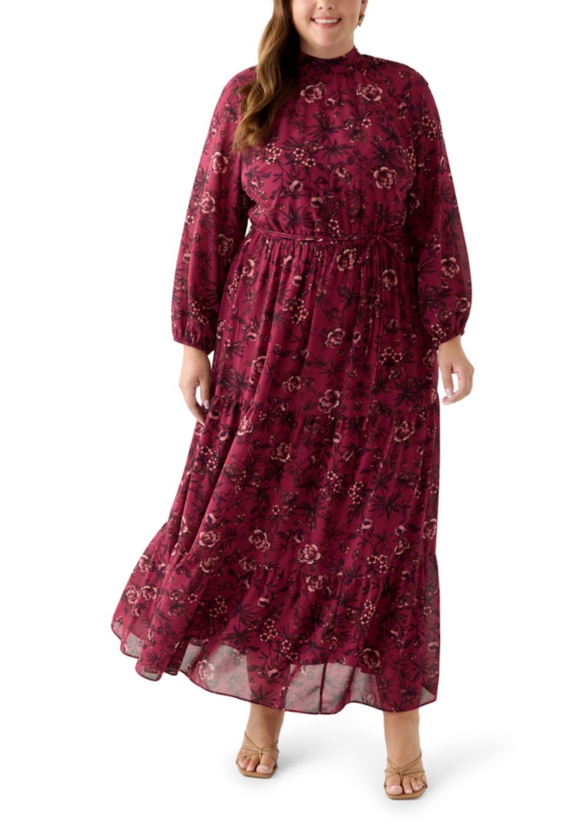 Plus Size Floral Print Chiffon Maxi Dress