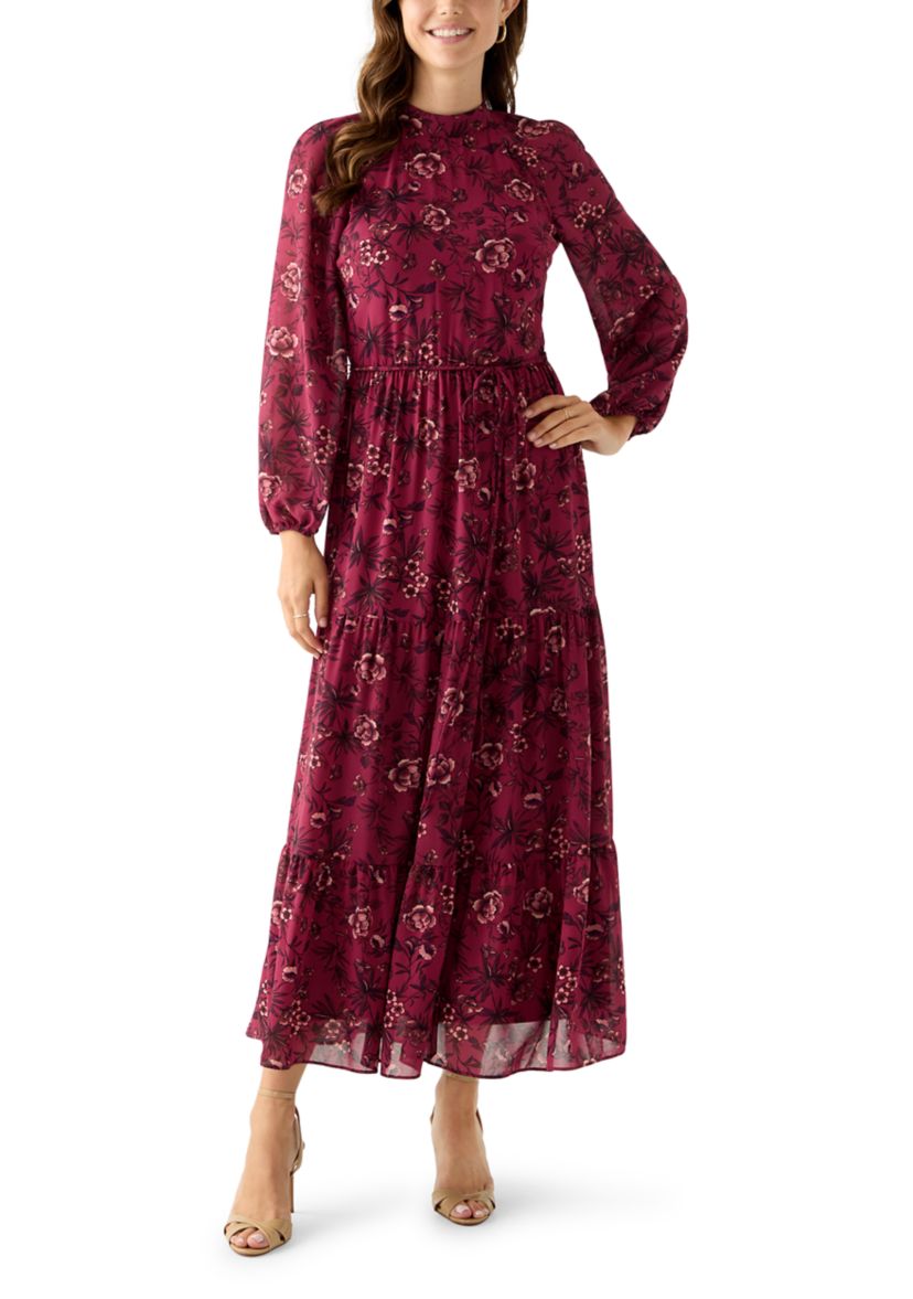 maison tara dress 58118MA Dot Texture Print Smocking Long Sleeve Tiered Maxi SAND CORAL / 4 Midi DressNeckline MAISON TARA (ALL) Kelly