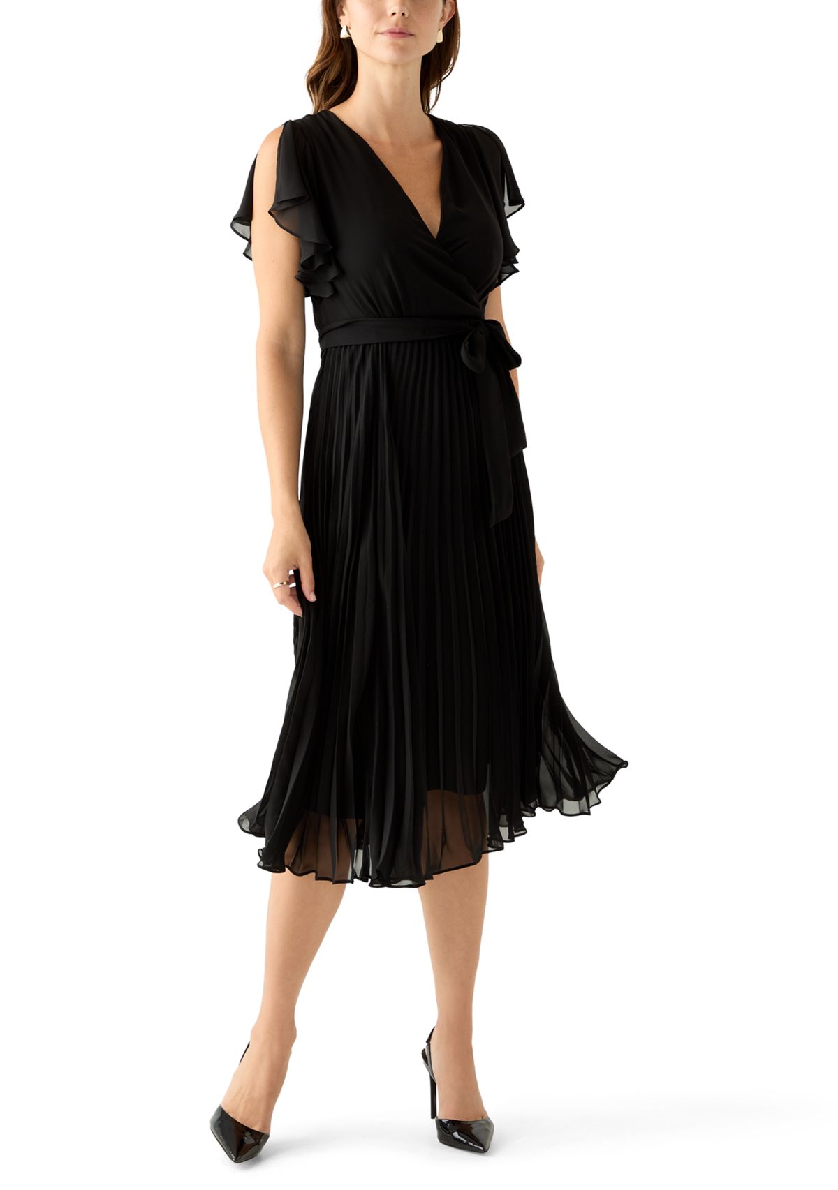 Womens Flutter Sleeve Chiffon Midi Dress