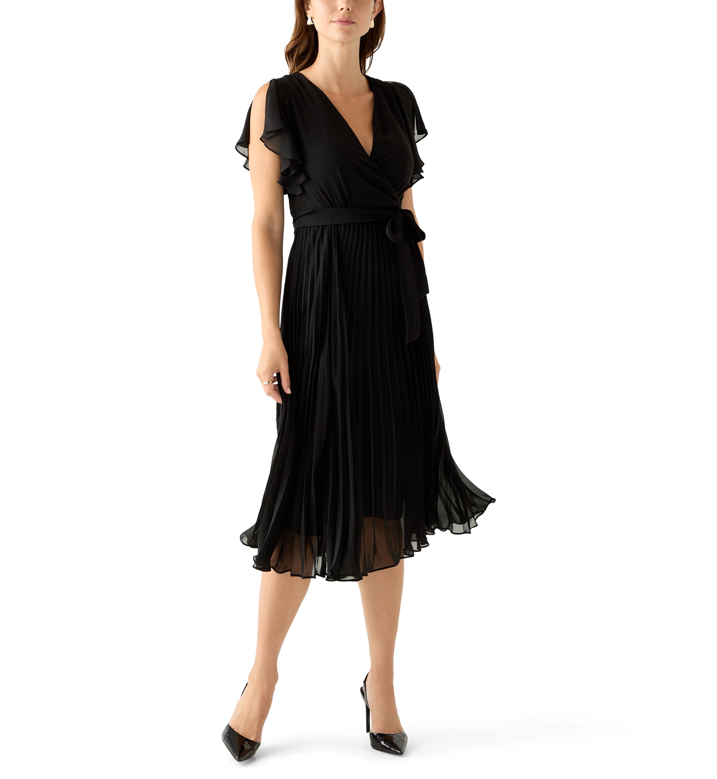 Womens Flutter Sleeve Chiffon Midi Dress
