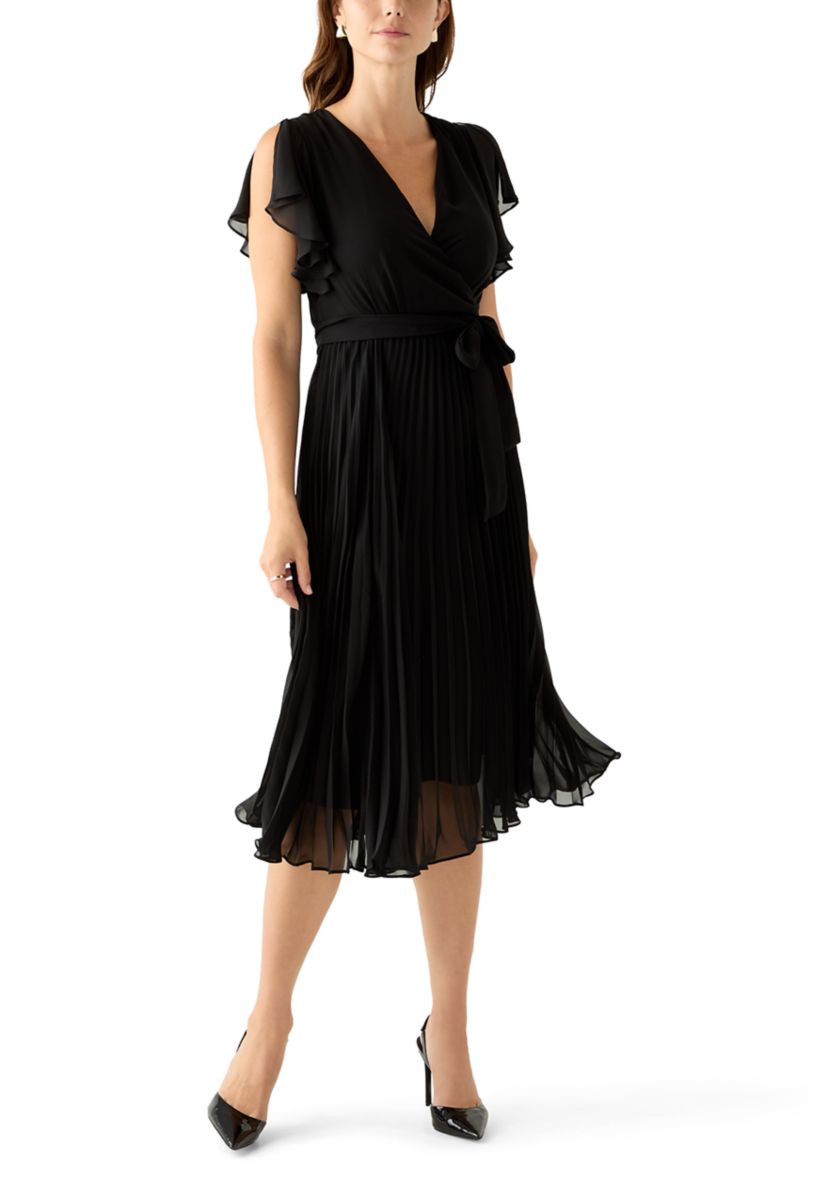 Womens Flutter Sleeve Chiffon Midi Dress