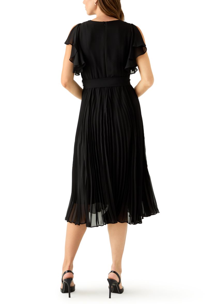 Womens Flutter Sleeve Chiffon Midi Dress