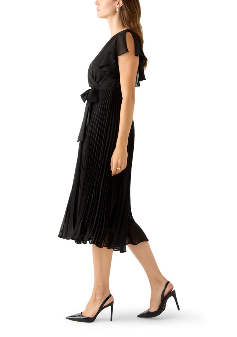 Womens Flutter Sleeve Chiffon Midi Dress