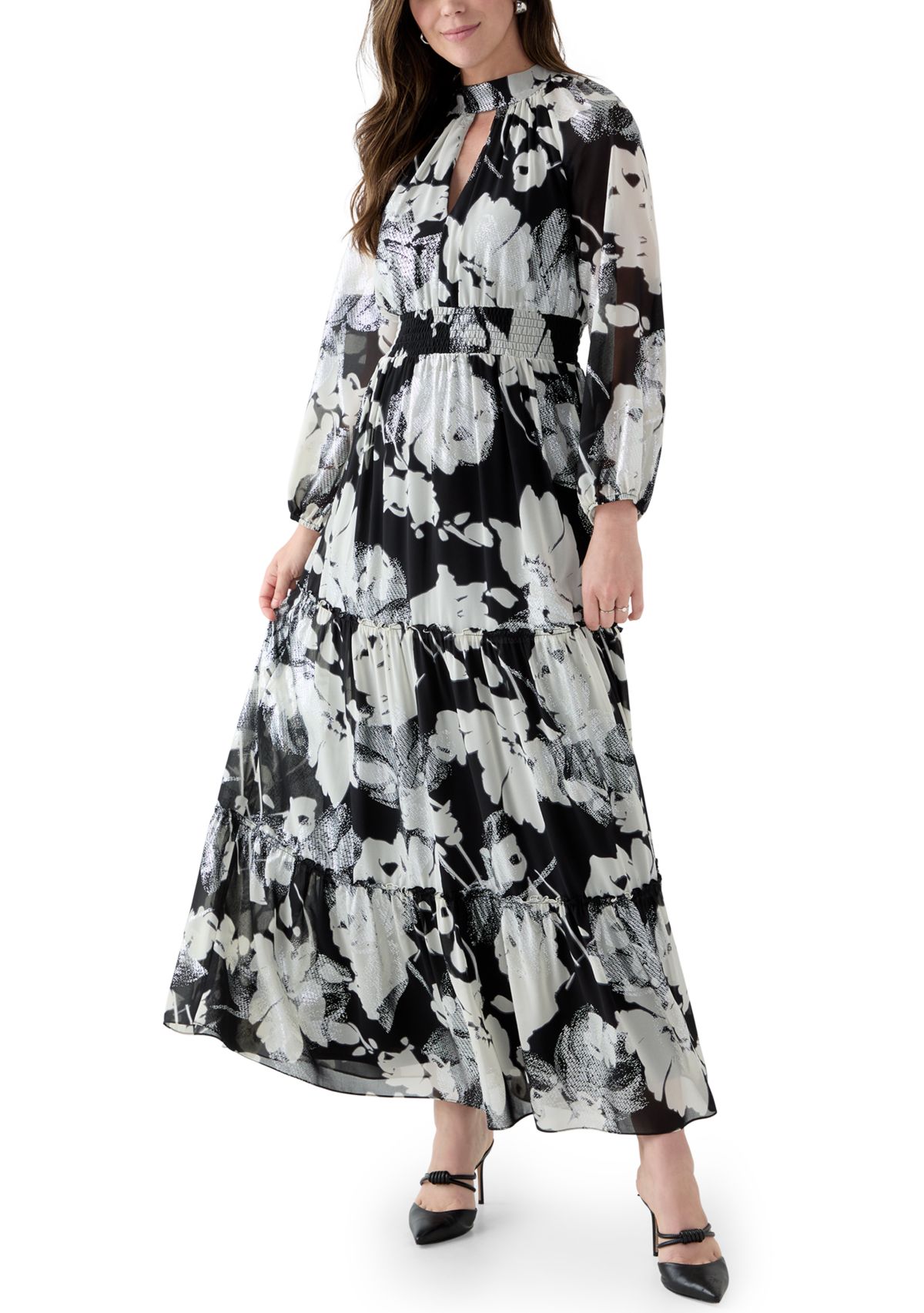 Womens Long Sleeve Floral Print Chiffon A-Line Dress