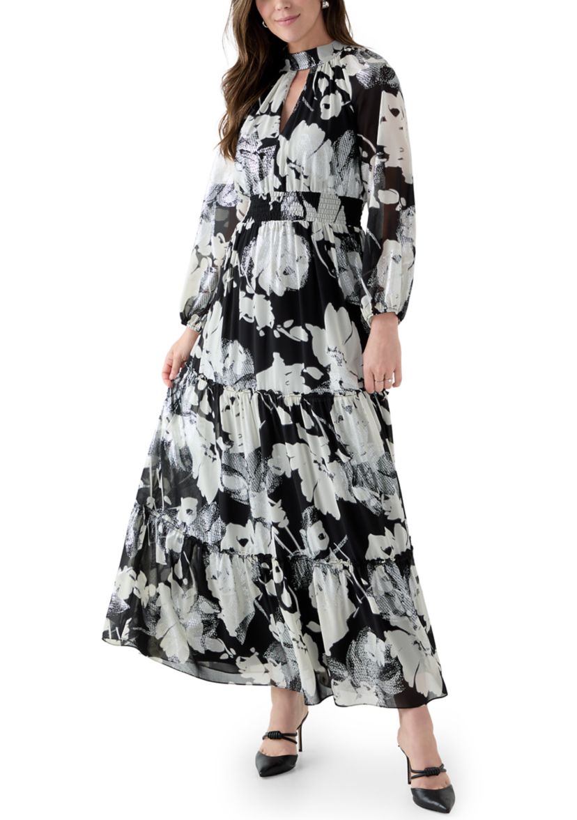 Womens Long Sleeve Floral Print Chiffon A-Line Dress