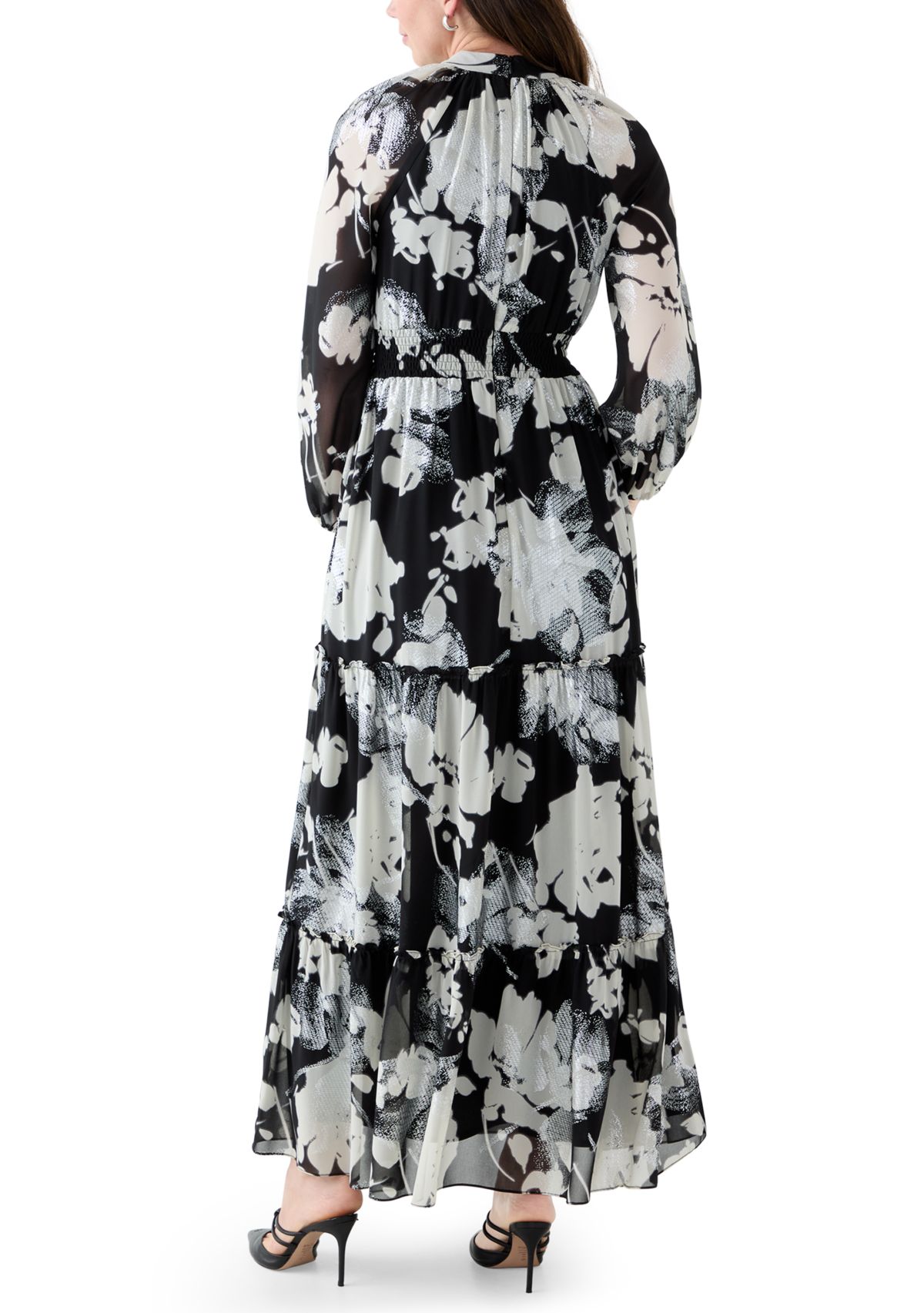 Womens Long Sleeve Floral Print Chiffon A-Line Dress