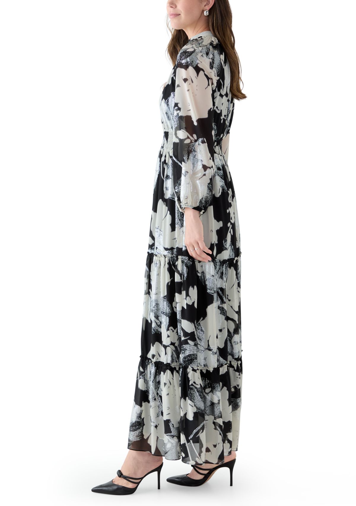 Womens Long Sleeve Floral Print Chiffon A-Line Dress