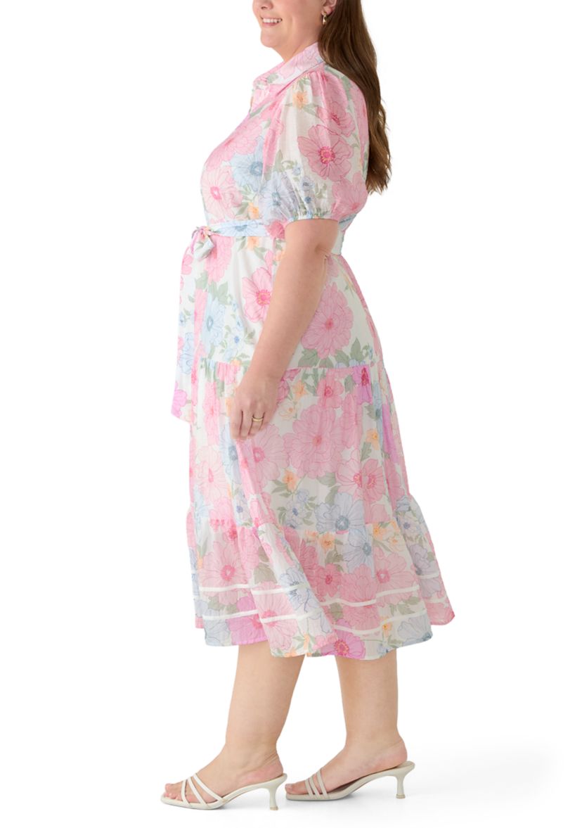 Maison Tara Plus Size Short Puff Sleeve Printed Chiffon Shirt Dress
