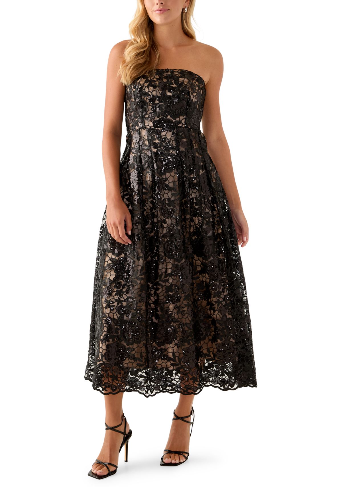 Womens Strapless Lace Fit and Flare Dress