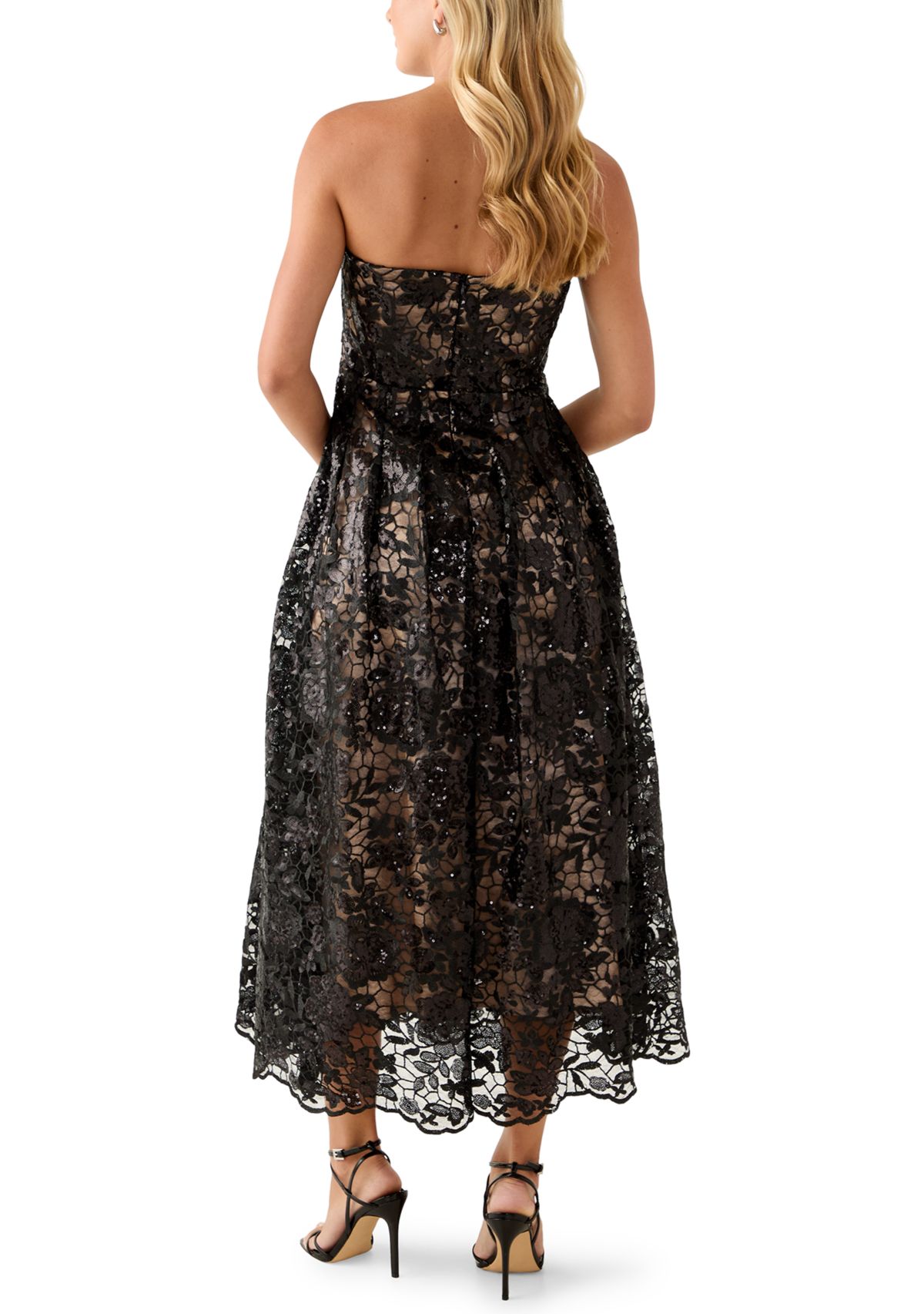 Womens Strapless Lace Fit and Flare Dress