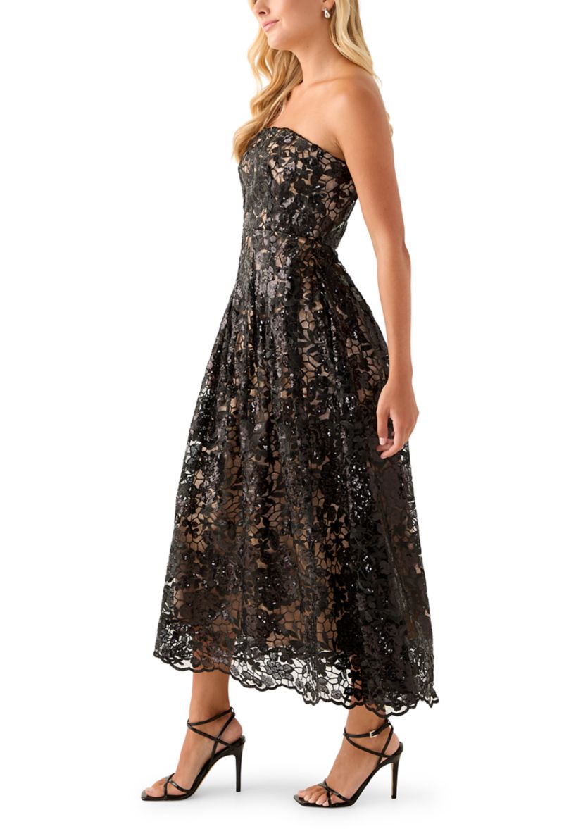 Womens Strapless Lace Fit and Flare Dress