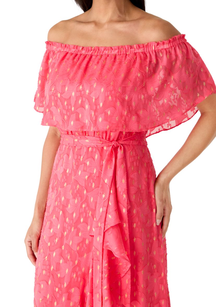 chiffon off the shoulder maxi dress Pink Chiffon Off Shoulder Maxi Dress With Ruffles – shopaleena