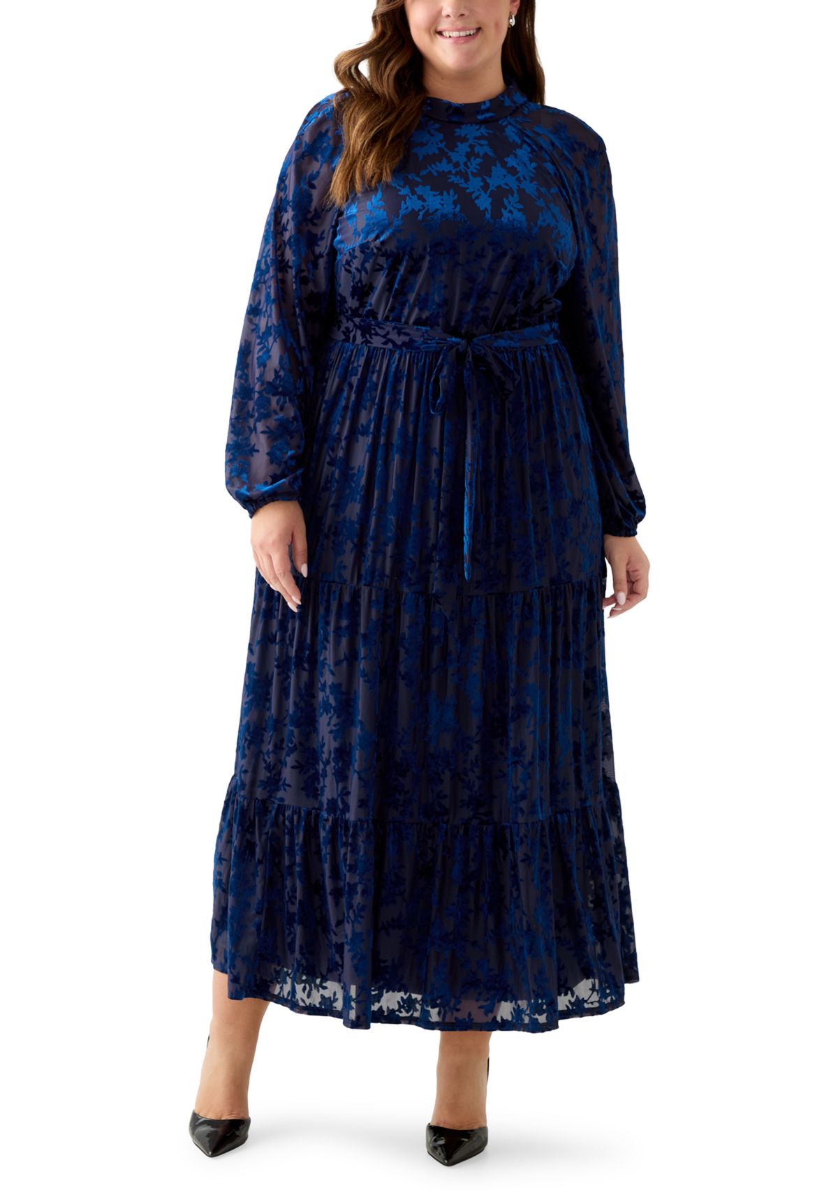 Plus Size Long Sleeve Mock Neck Velvet Fit and Flare Dress