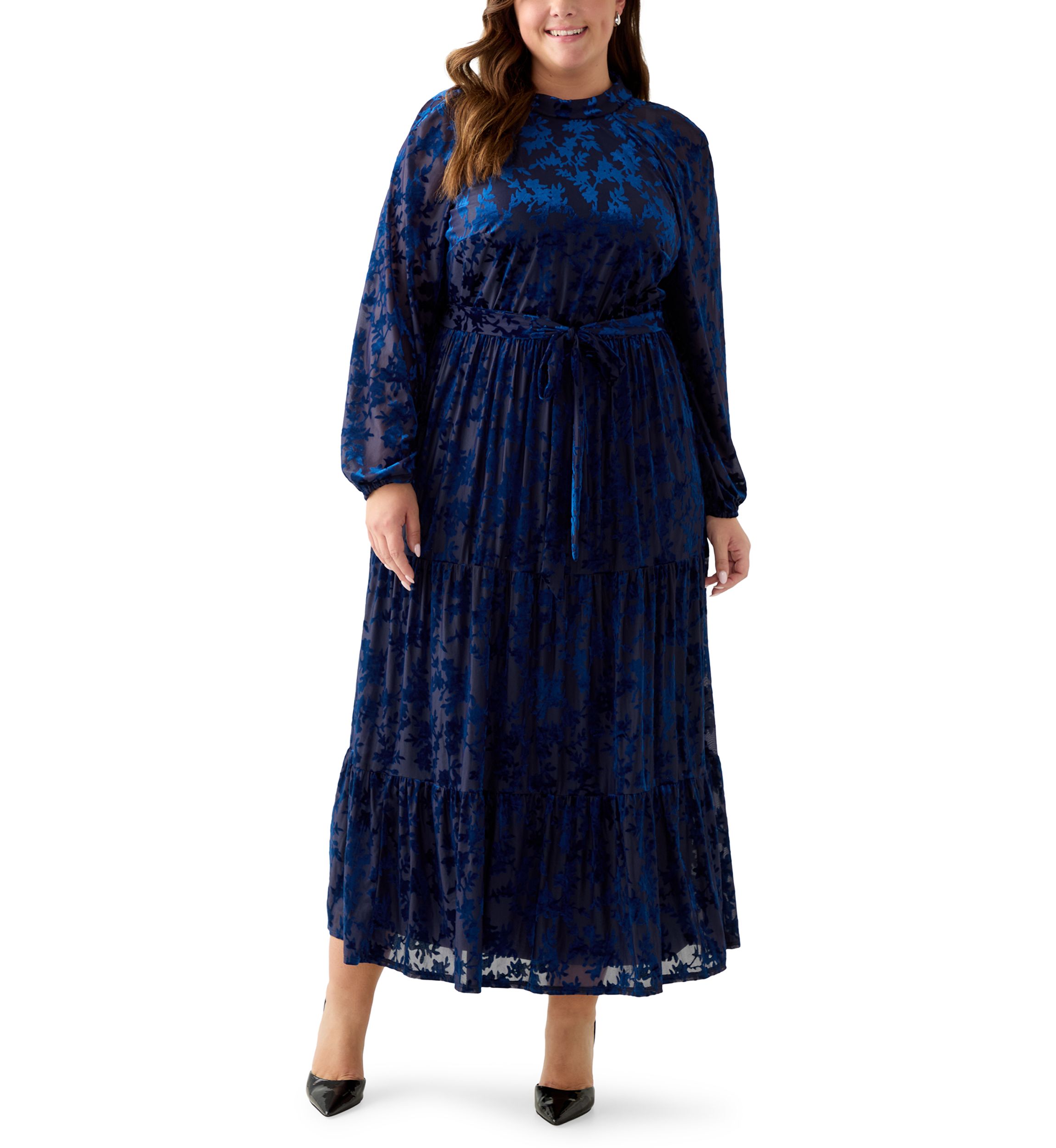 Plus Size Long Sleeve Mock Neck Velvet Fit and Flare Dress