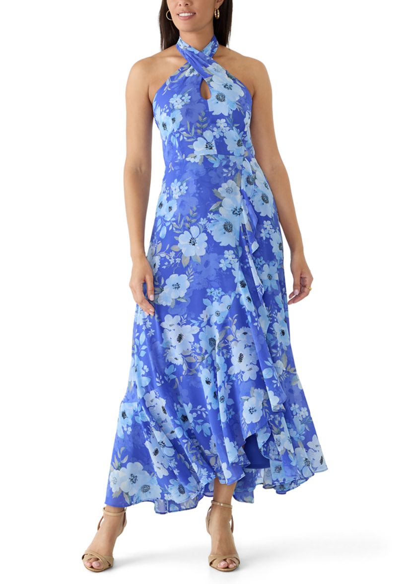 strappy halter neck ruffle trim asymmetric hem pleated maxi dress Halterneck Asymmetric Maxi Dress in Butter Yellow - 6