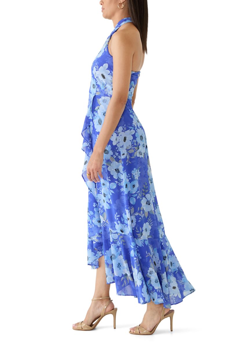 asymmetric floral halter midi dress Anabelle Halter Neck Midi Dress