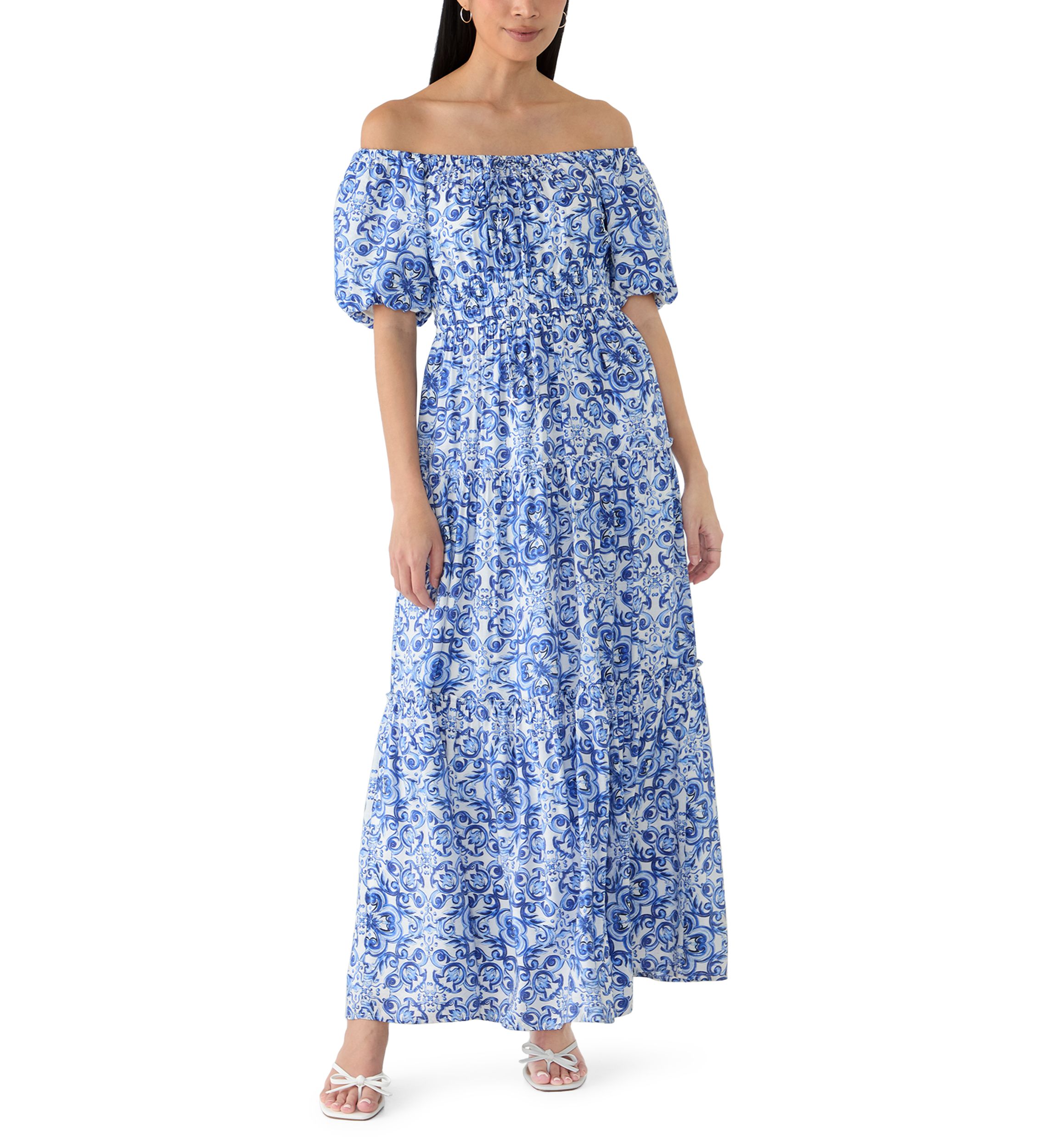 off the shoulder mixed print maxi dress Maeve Off-the-Shoulder Mixed-Print Midi Dress