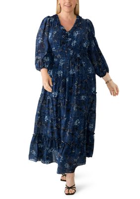 Maison Tara Women's Plus Size 3/4 Sleeves Printed Chiffon A-Line Midi Dress, 22W