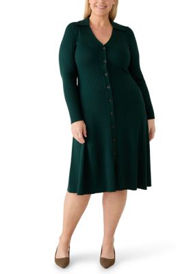 Maison Tara Women's Plus Size Long Sleeve Solid Sweater Knit A-Line Dress