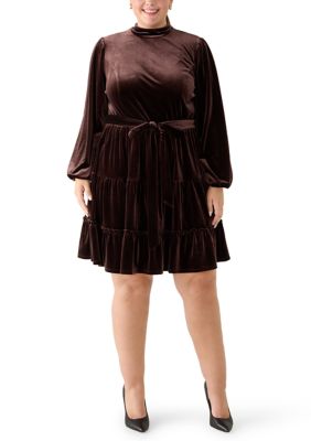 Maison Tara Women's Plus Size Long Sleeve Velvet A-Line Dress, 18W