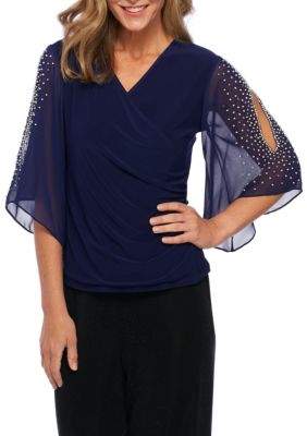 MSK 3/4 Cold-Shoulder Jeweled Drape Blouse | belk