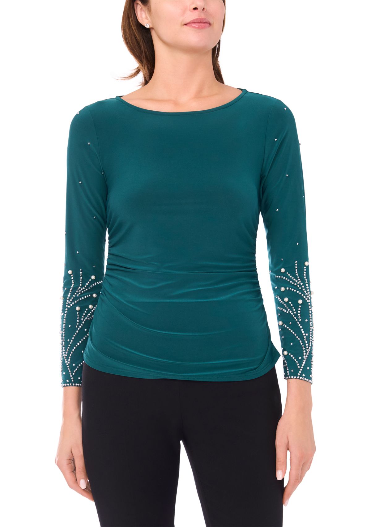 Womens Side Ruched Top with Beaded Sleeves