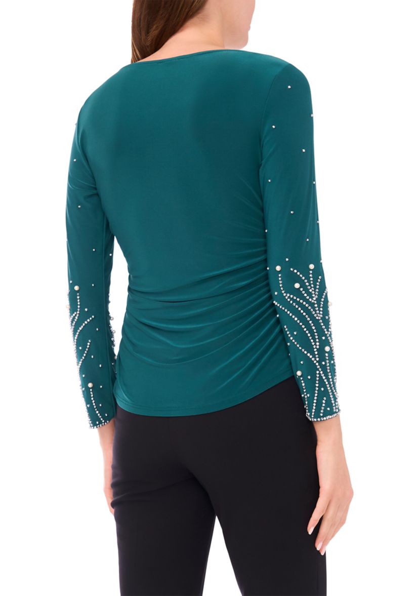 Womens Side Ruched Top with Beaded Sleeves