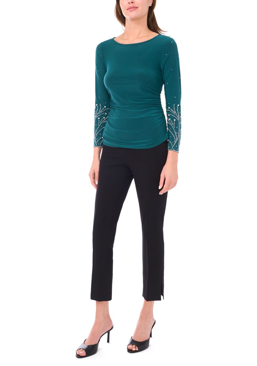 Womens Side Ruched Top with Beaded Sleeves