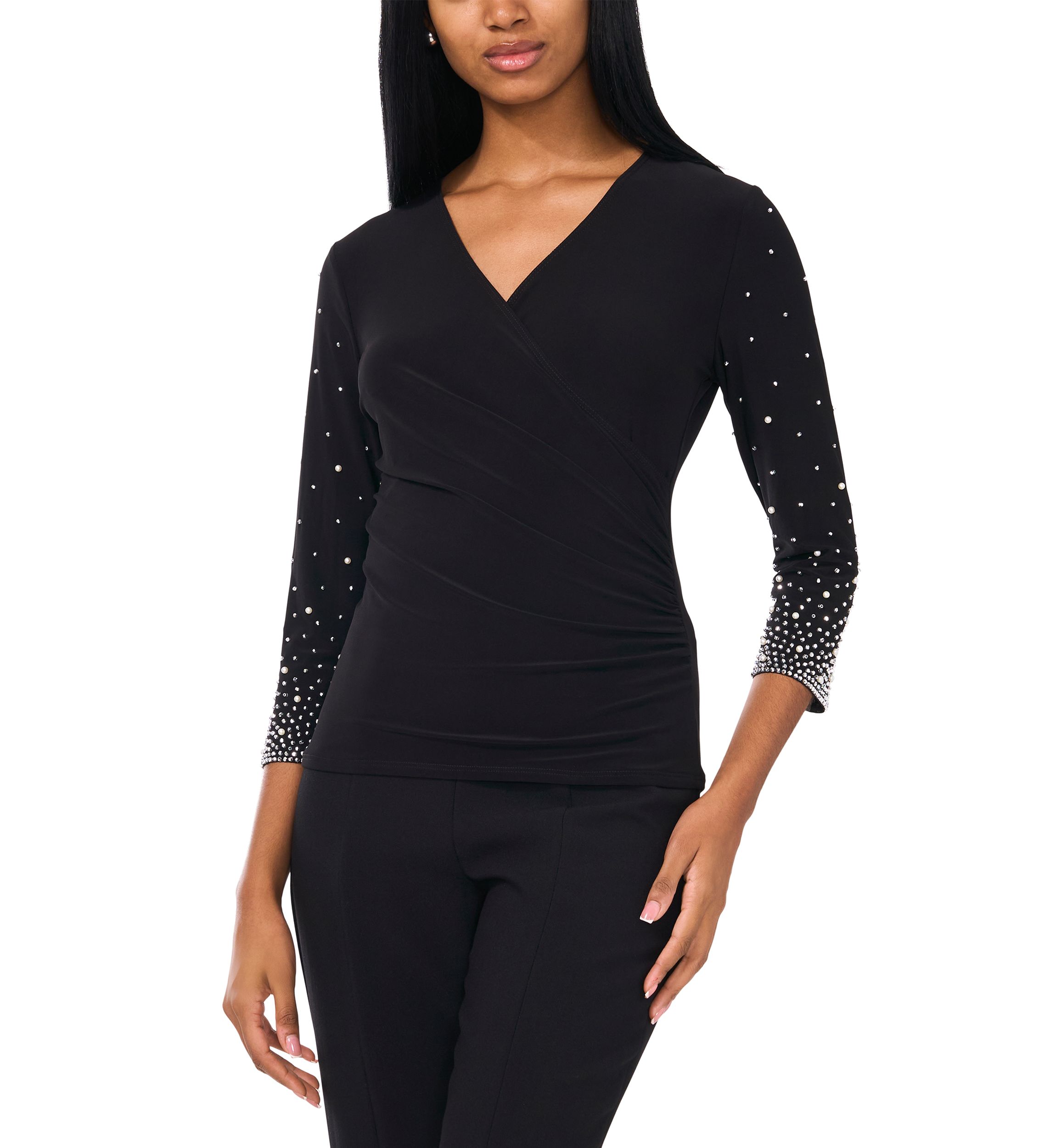 Womens Detailed 3/4 Sleeve V-Neck Top 