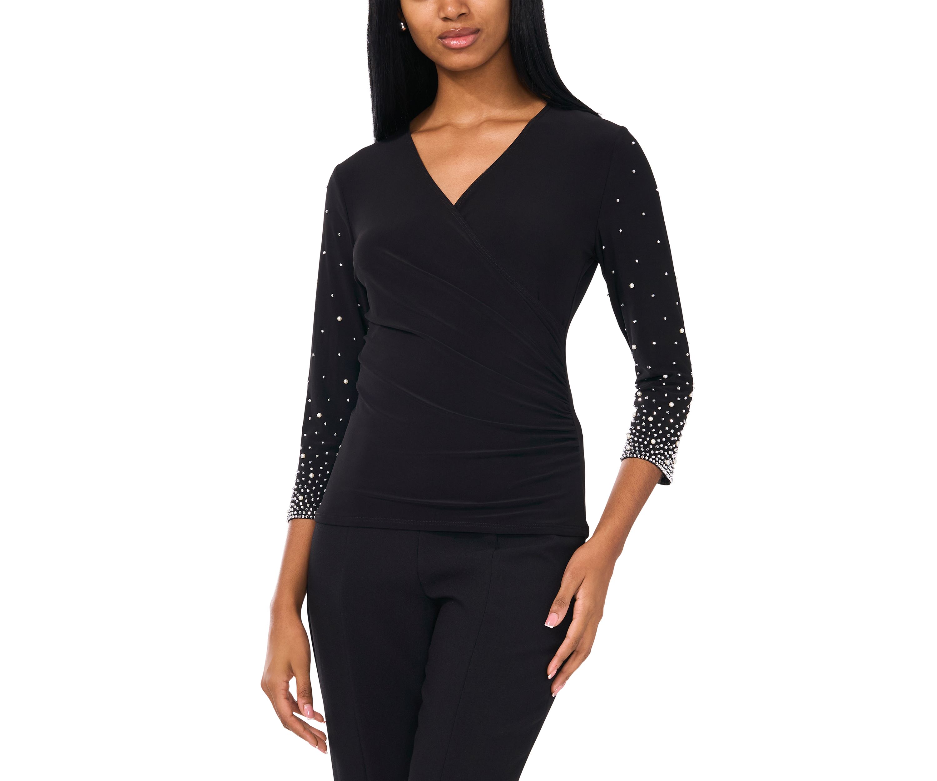 Womens Detailed 3/4 Sleeve V-Neck Top 