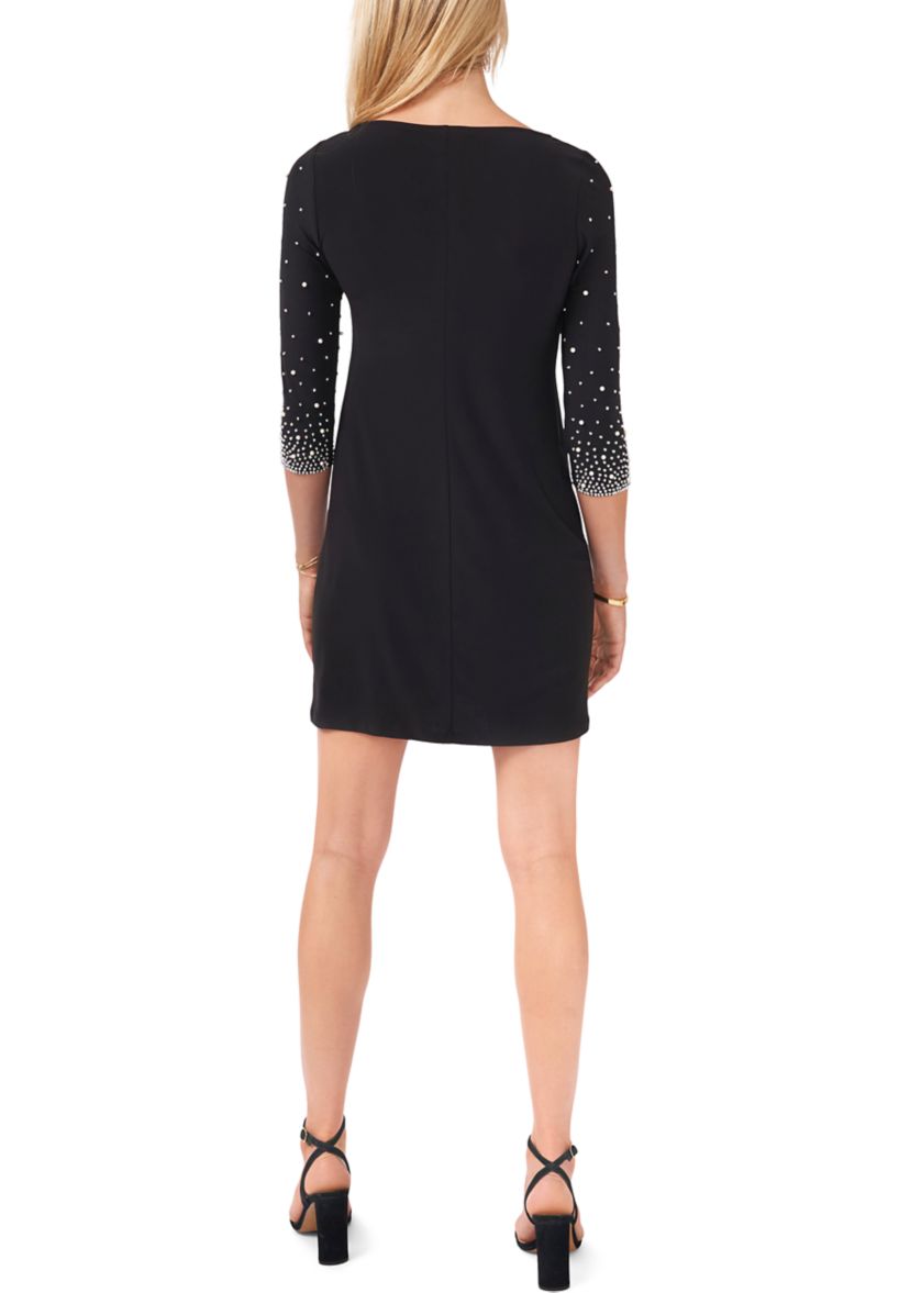 Womens 3/4 Beaded Sleeve Solid Sheath Dress