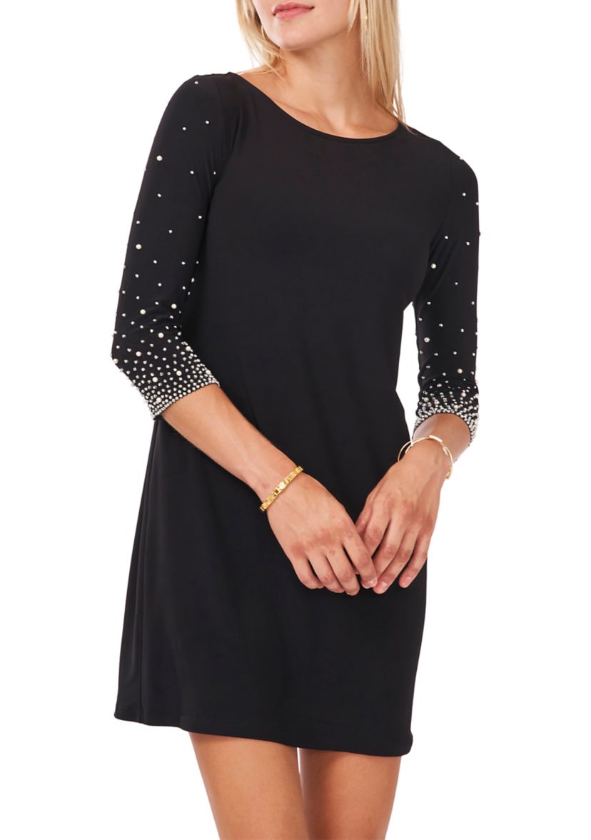 Womens 3/4 Beaded Sleeve Solid Sheath Dress