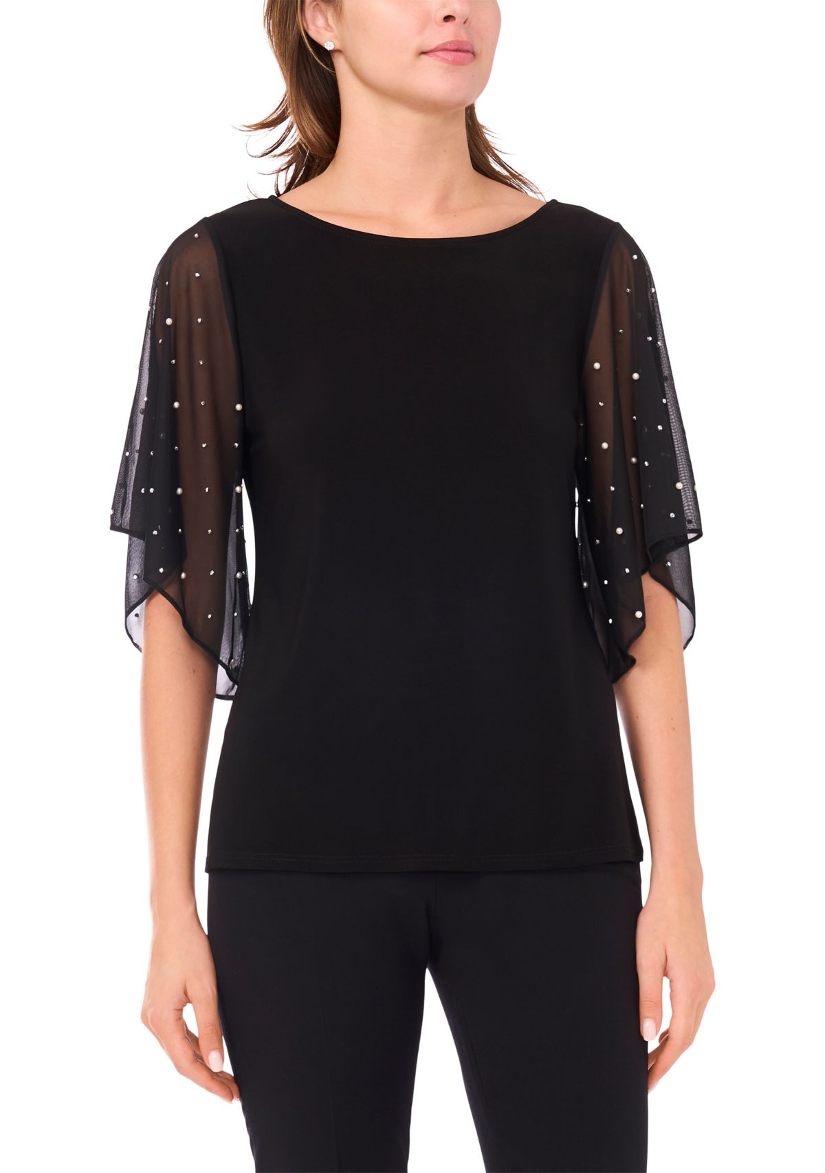 Womens Beaded Combo Sleeve Top