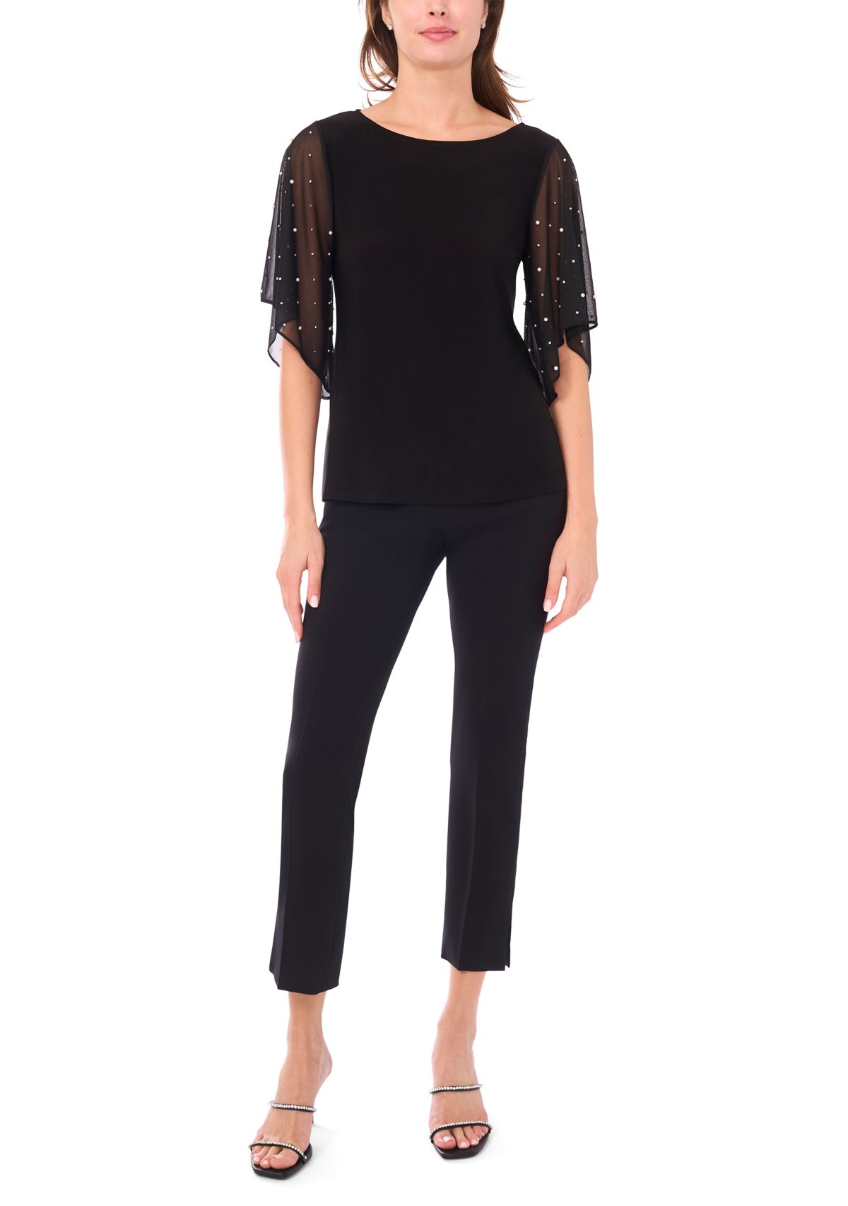 Womens Beaded Combo Sleeve Top