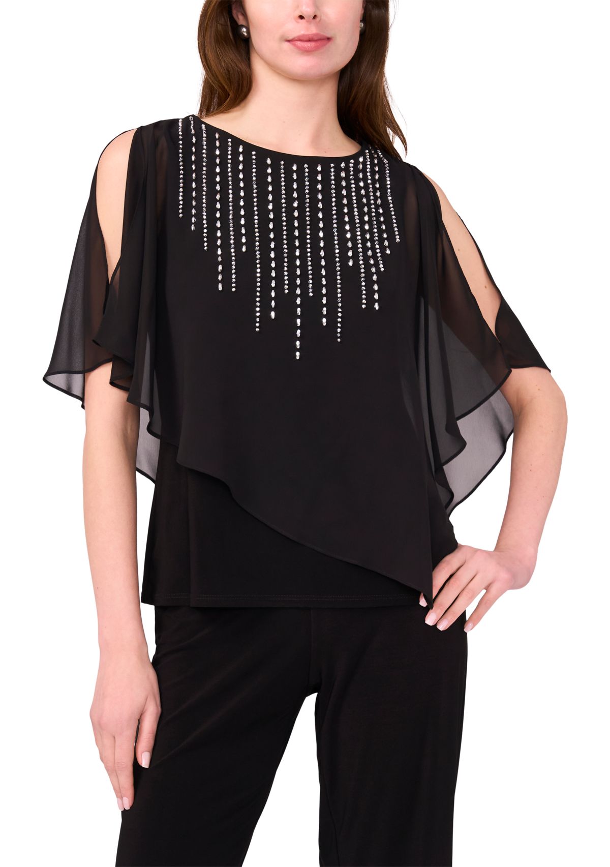 Womens Knit Woven Beaded Overlay Top