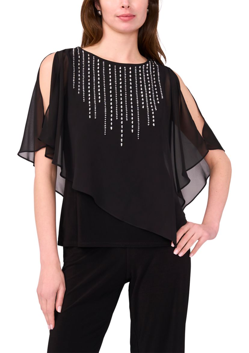 Womens Knit Woven Beaded Overlay Top