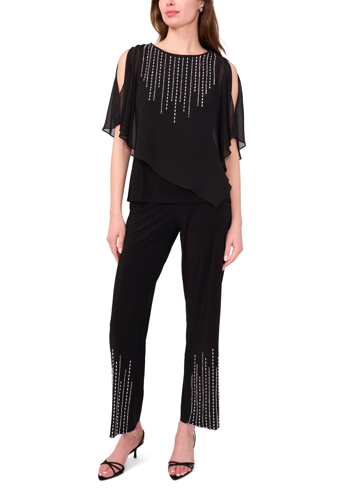 Womens Knit Woven Beaded Overlay Top