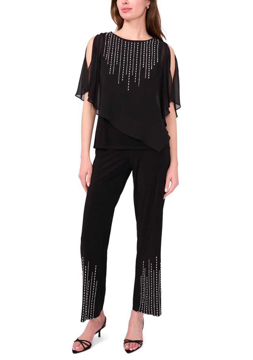 Womens Knit Woven Beaded Overlay Top