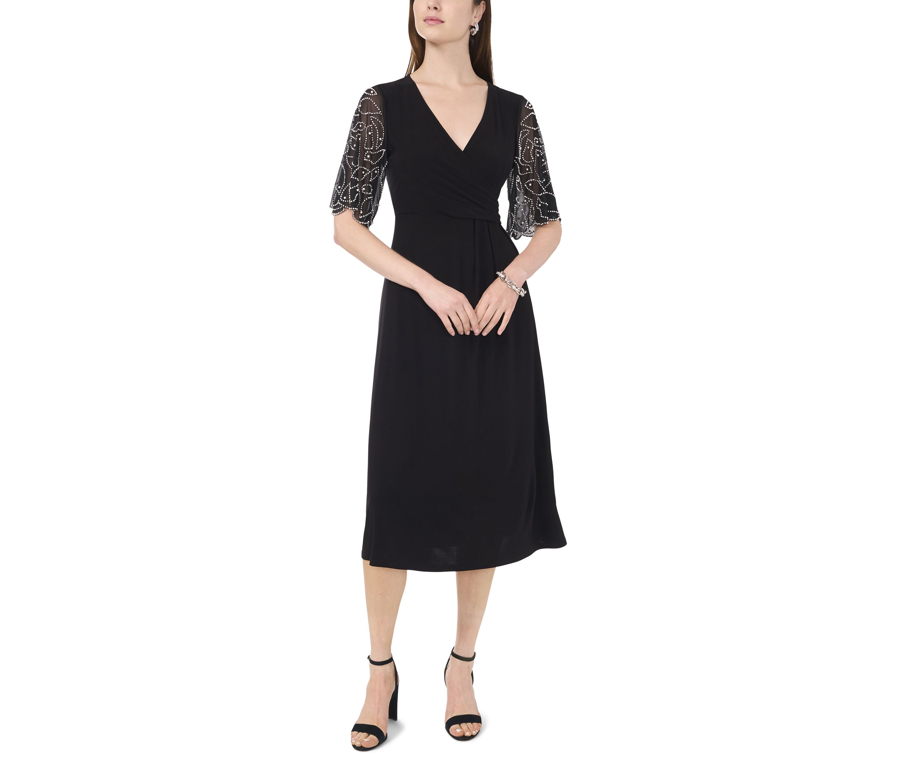 Womens Elbow Sleeve V-Neck A-Line Dress