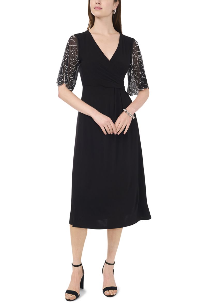 Womens Elbow Sleeve V-Neck A-Line Dress