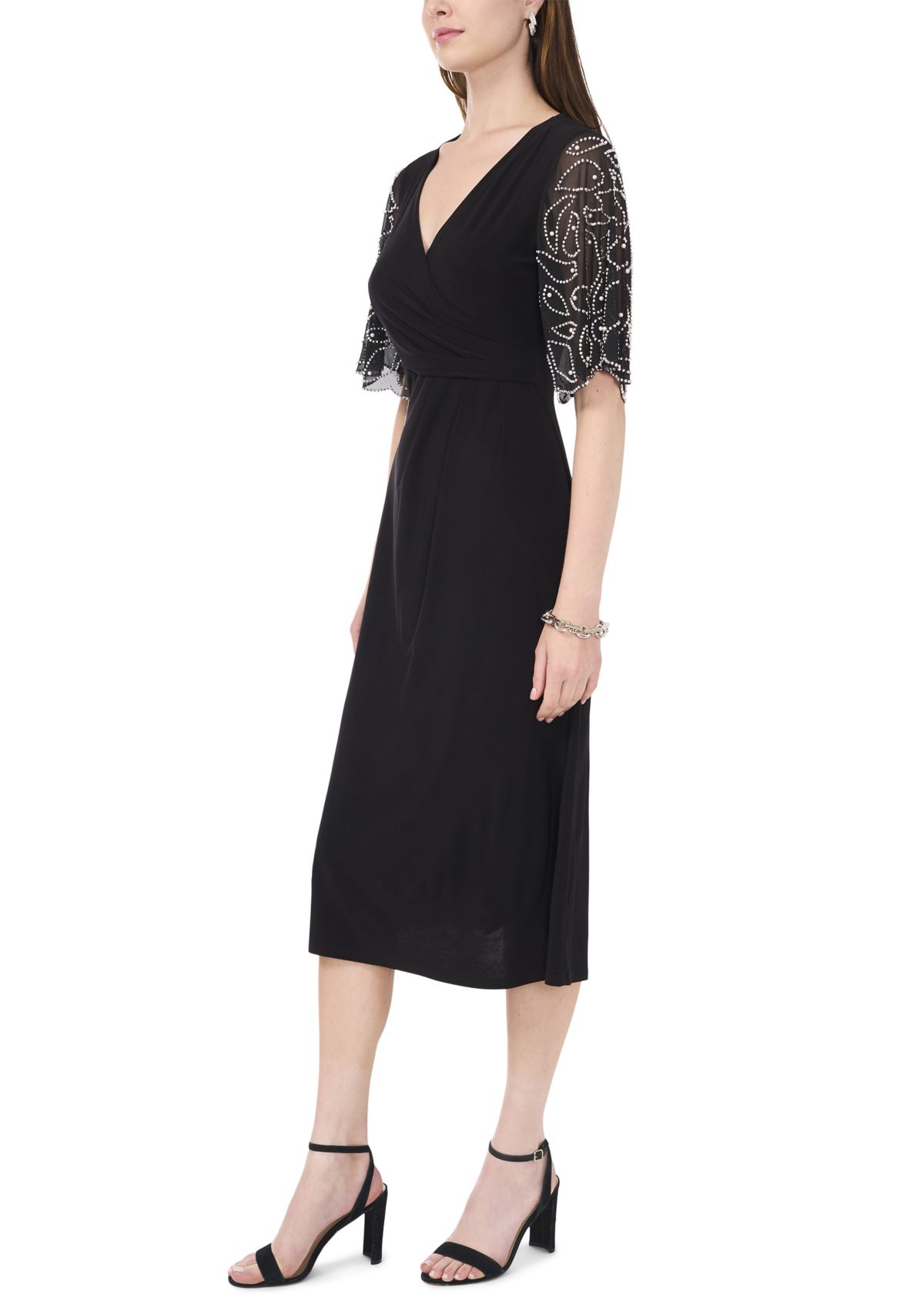 Womens Elbow Sleeve V-Neck A-Line Dress