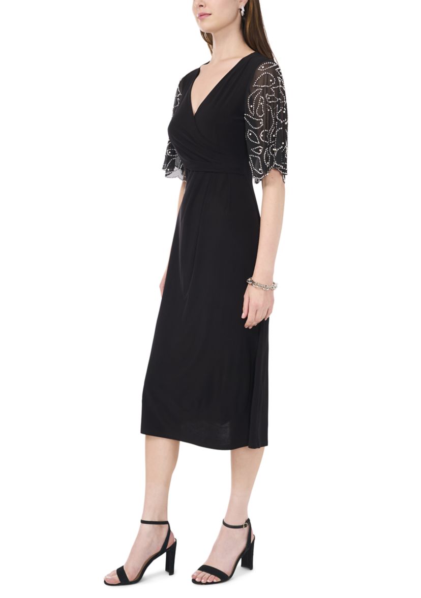 Womens Elbow Sleeve V-Neck A-Line Dress