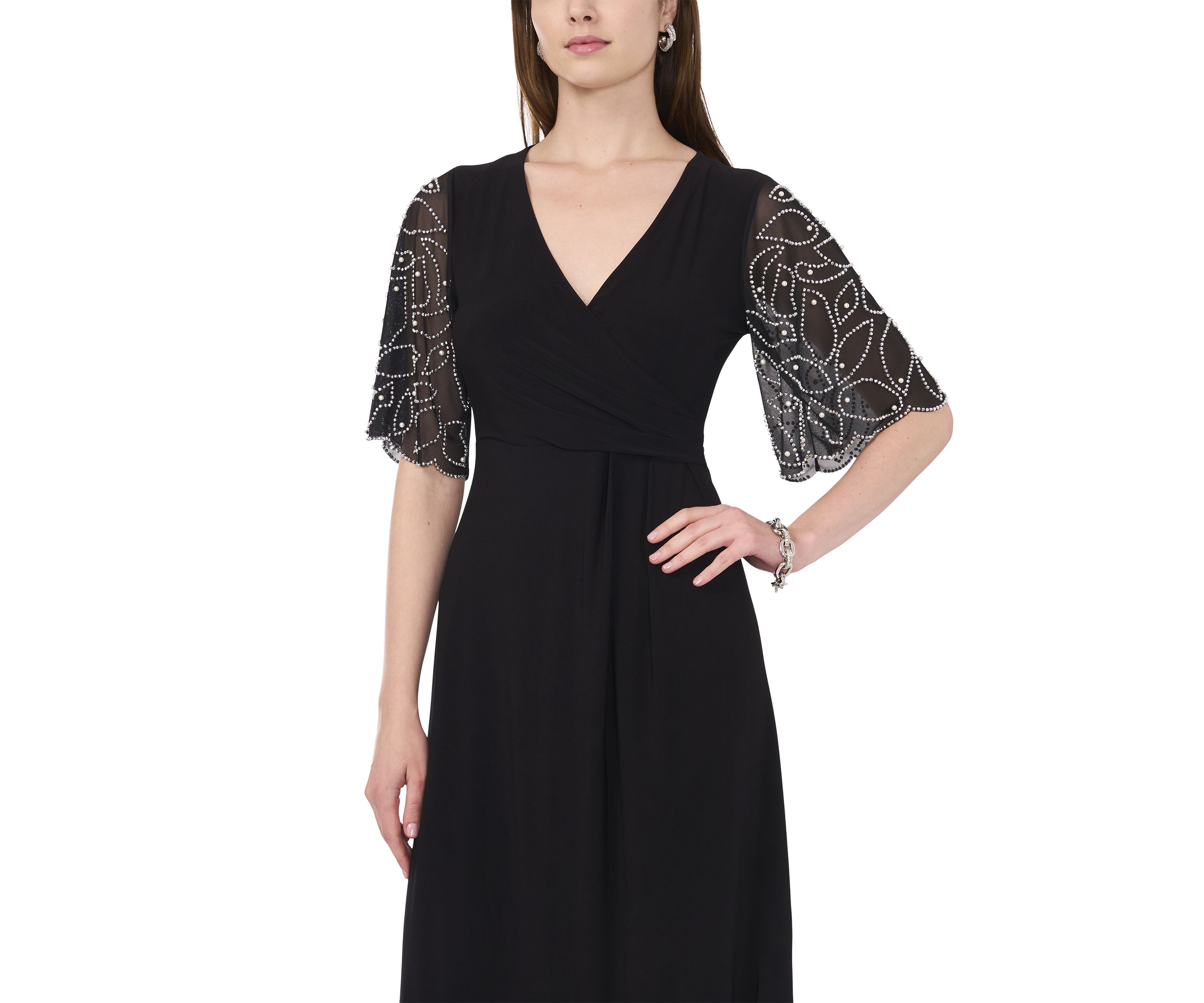 Womens Elbow Sleeve V-Neck A-Line Dress