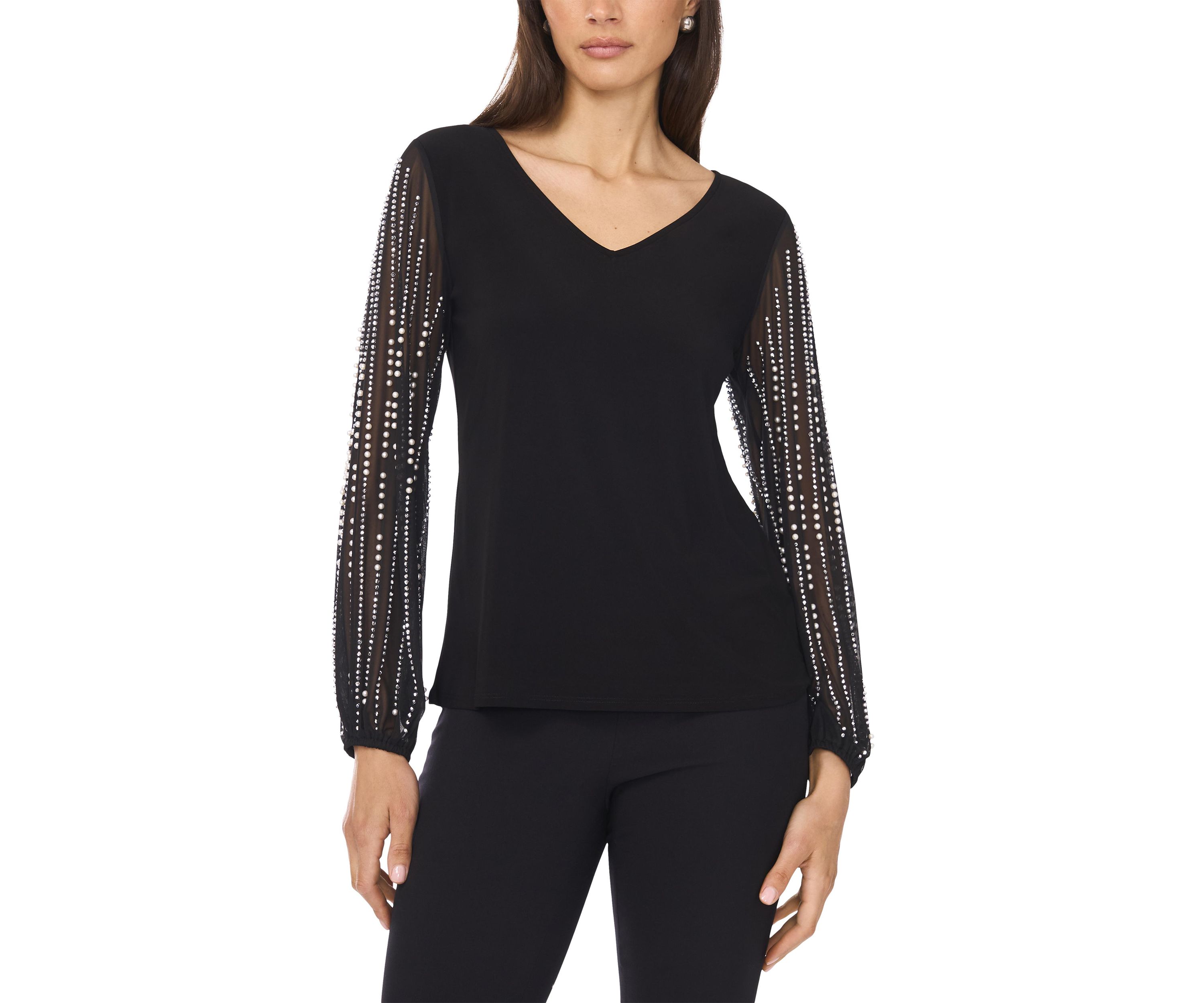 Womens Long Rhinestone Puff Sleeve Top 