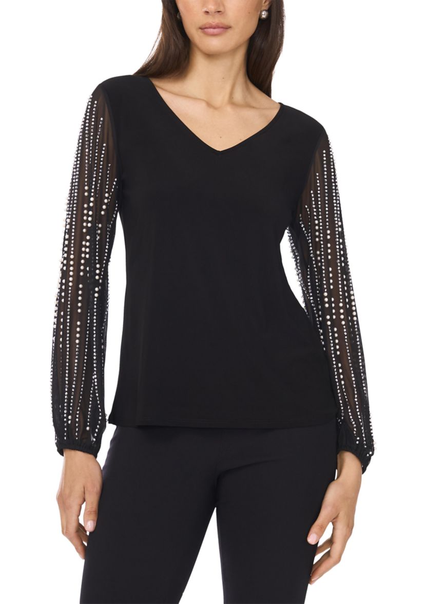 Womens Long Rhinestone Puff Sleeve Top 