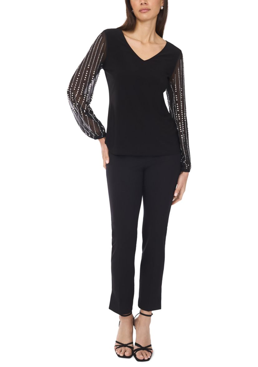 Womens Long Rhinestone Puff Sleeve Top 