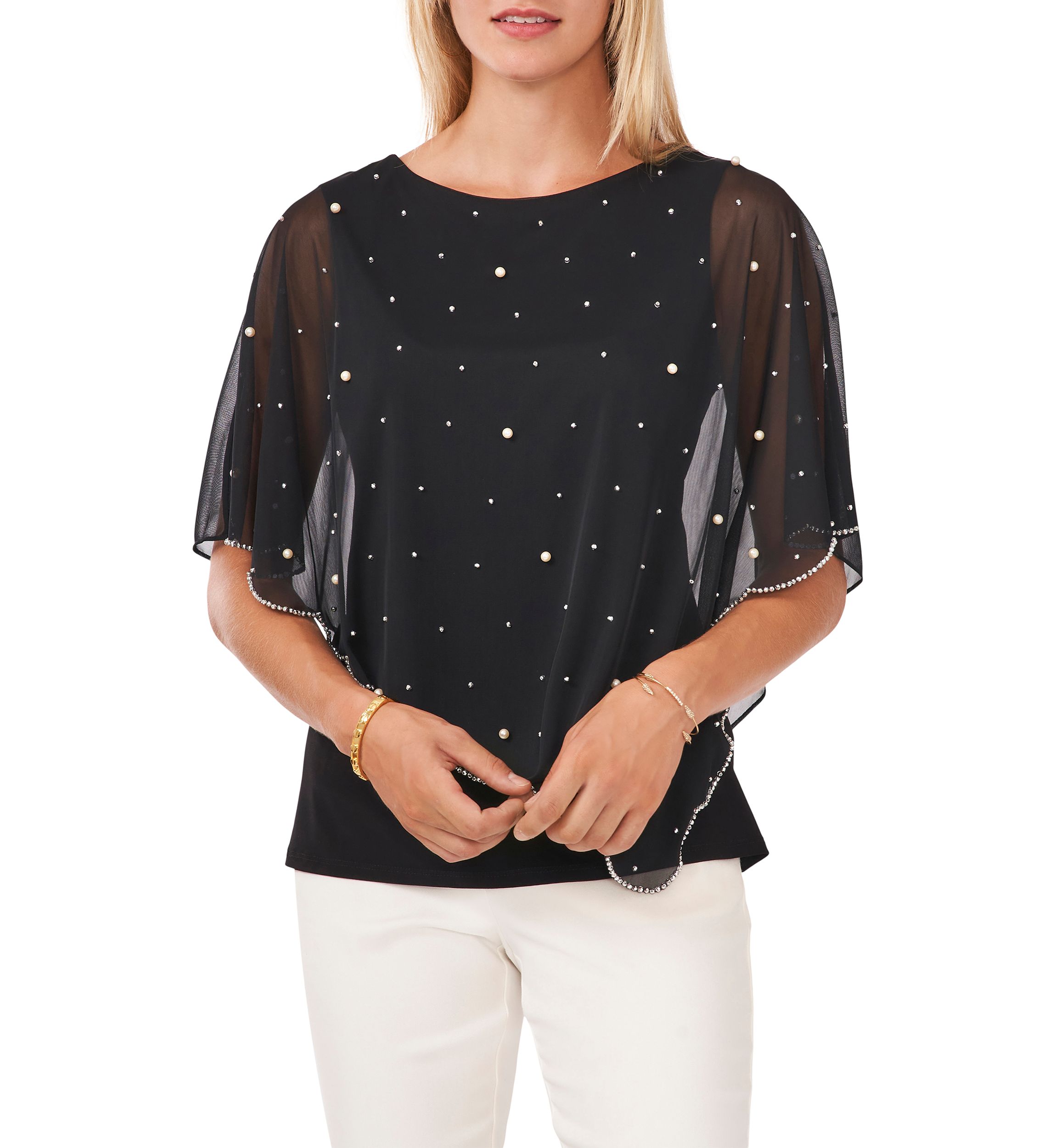 Womens Elbow Sleeve Solid Sequin Sheer Blouse