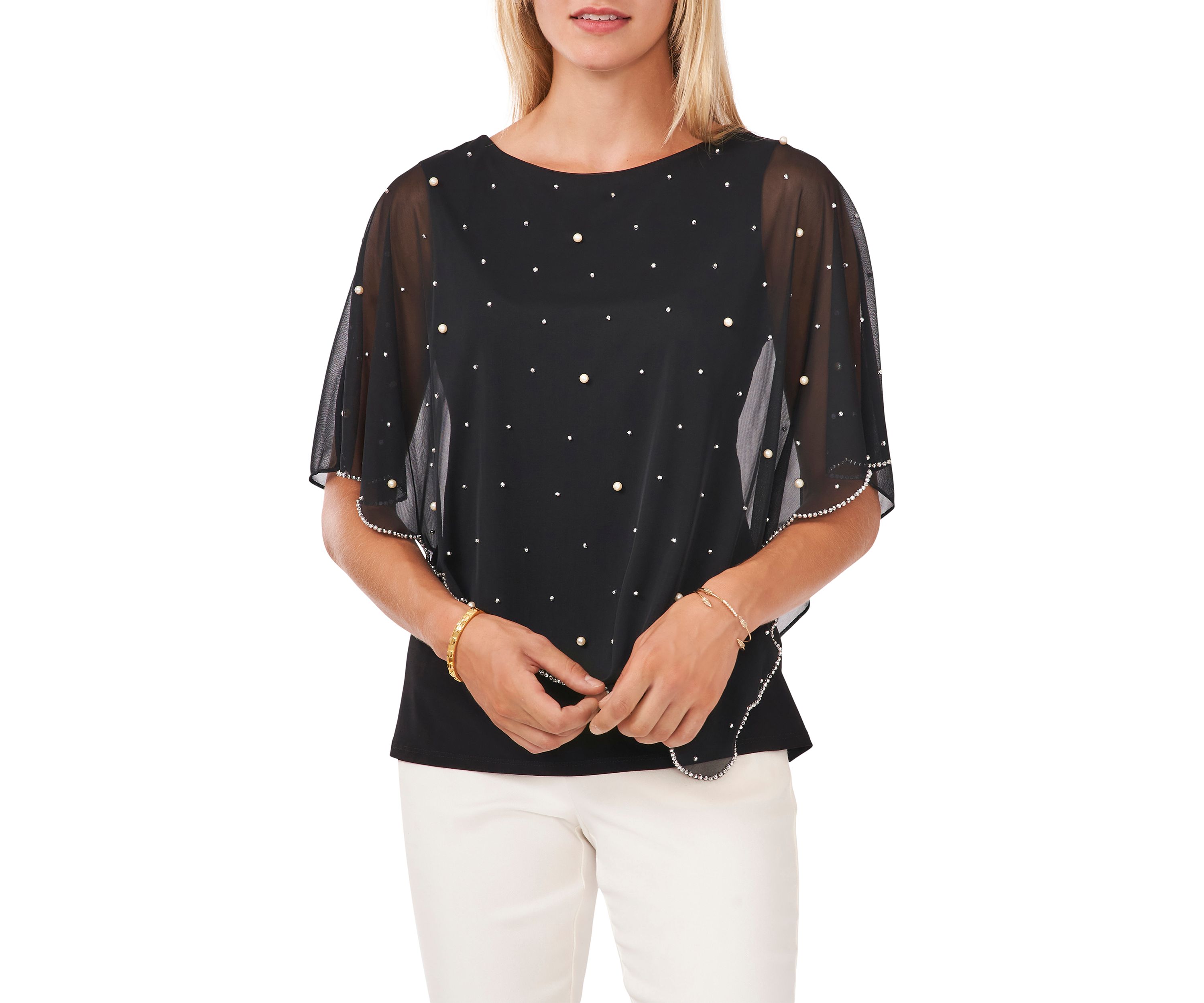 Womens Elbow Sleeve Solid Sequin Sheer Blouse