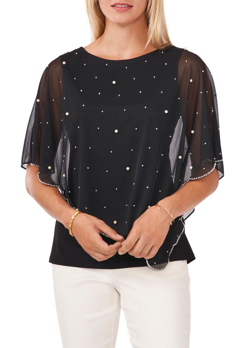 Womens Elbow Sleeve Solid Sequin Sheer Blouse